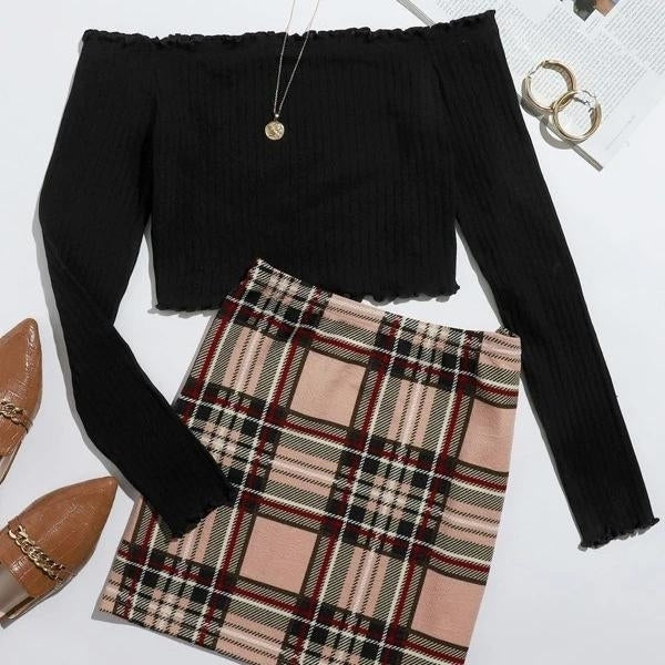 Off Shoulder Lettuce Edge Tee and Tartan Skirt Set Image 1