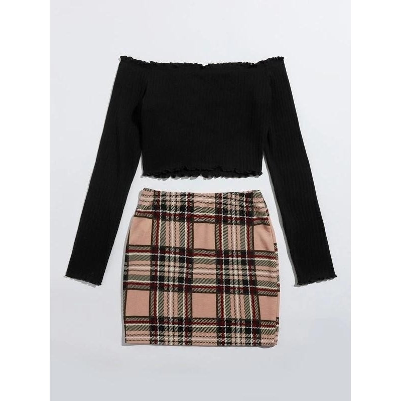 Off Shoulder Lettuce Edge Tee and Tartan Skirt Set Image 2