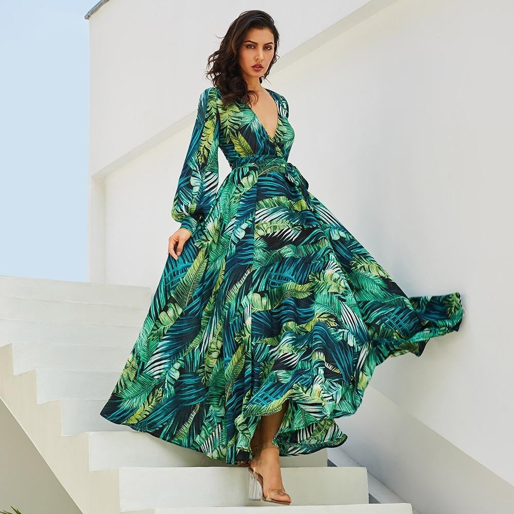 Print Lantern Sleeve Sexy Deep V-neck Green Leaf Maxi Dress Image 1