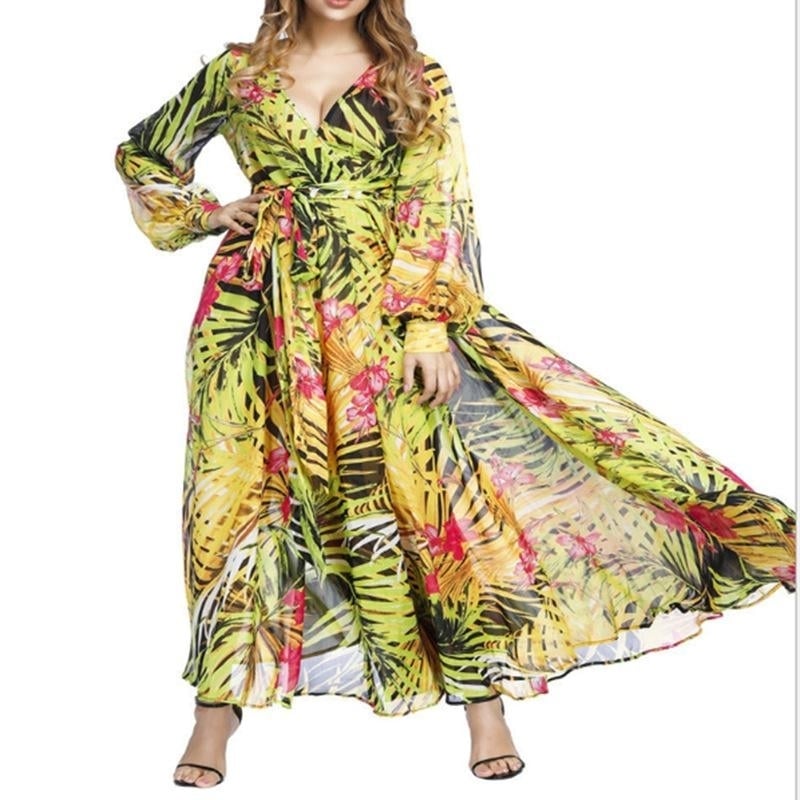 Print Lantern Sleeve Sexy Deep V-neck Green Leaf Maxi Dress Image 3