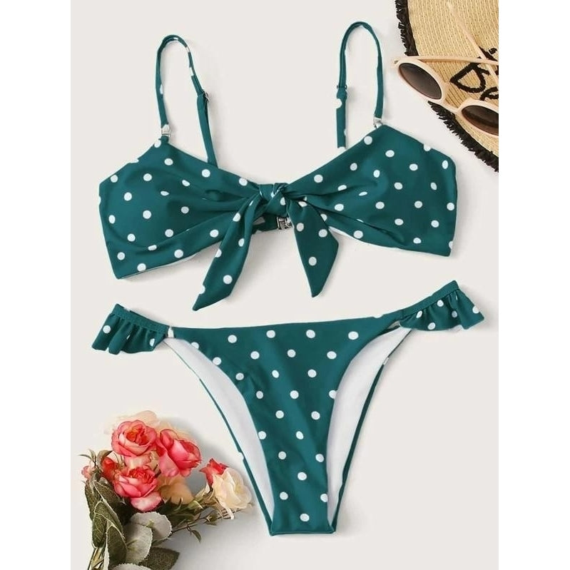 Polka Dot Knot Front Tanga Bikini Swimsuit Image 3