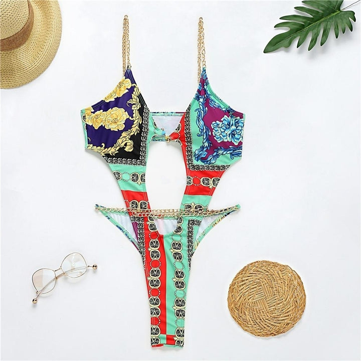 Printed Metal Chain One Piece Swimwear Bikini Swimsuit Image 2