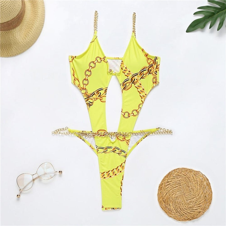 Printed Metal Chain One Piece Swimwear Bikini Swimsuit Image 3