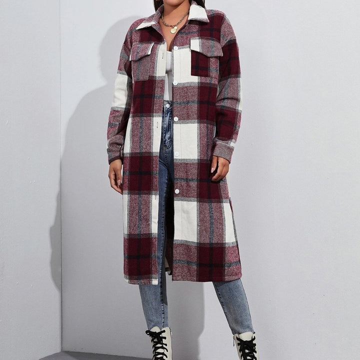 retro long-sleeved lapel single-breasted long coat loose plaid cardigan Image 2