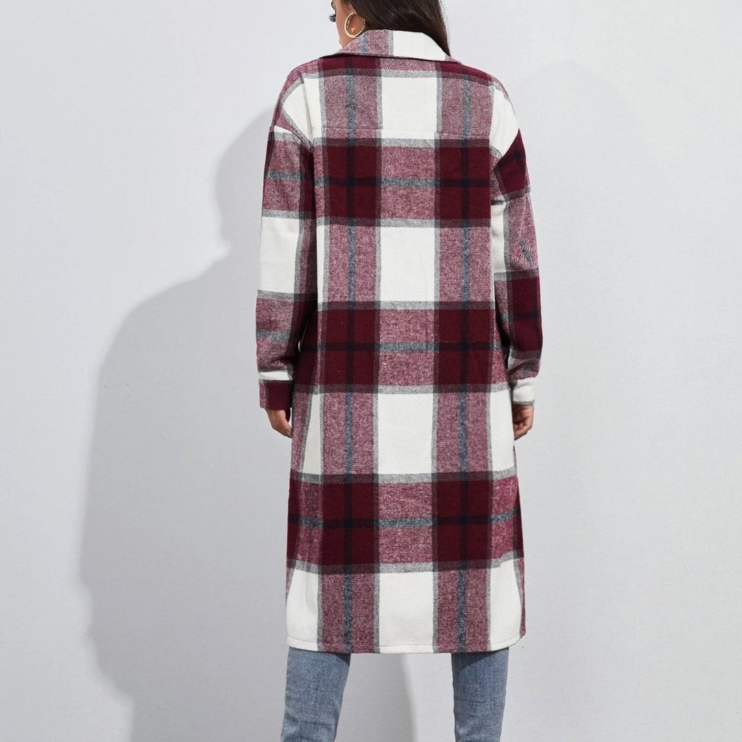 retro long-sleeved lapel single-breasted long coat loose plaid cardigan Image 4