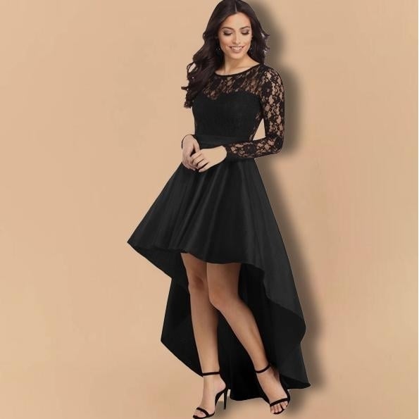 Round Neck Long Sleeve Lace Satin Party Dress Image 1