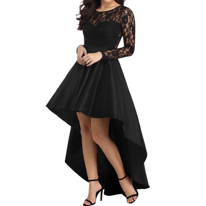 Round Neck Long Sleeve Lace Satin Party Dress Image 3