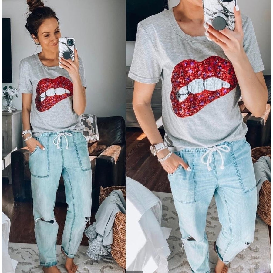Sequin Mouth Fashion Shirt Top Tee Image 1