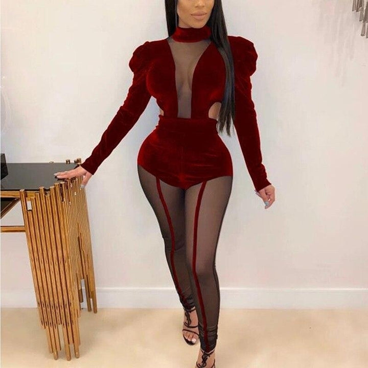 Sexy Full Sleeve Velvet Bodycon Jumpsuits Black Lace Patchwork Long Party Playsuits High Neck Fall Rompers One Piece Image 4