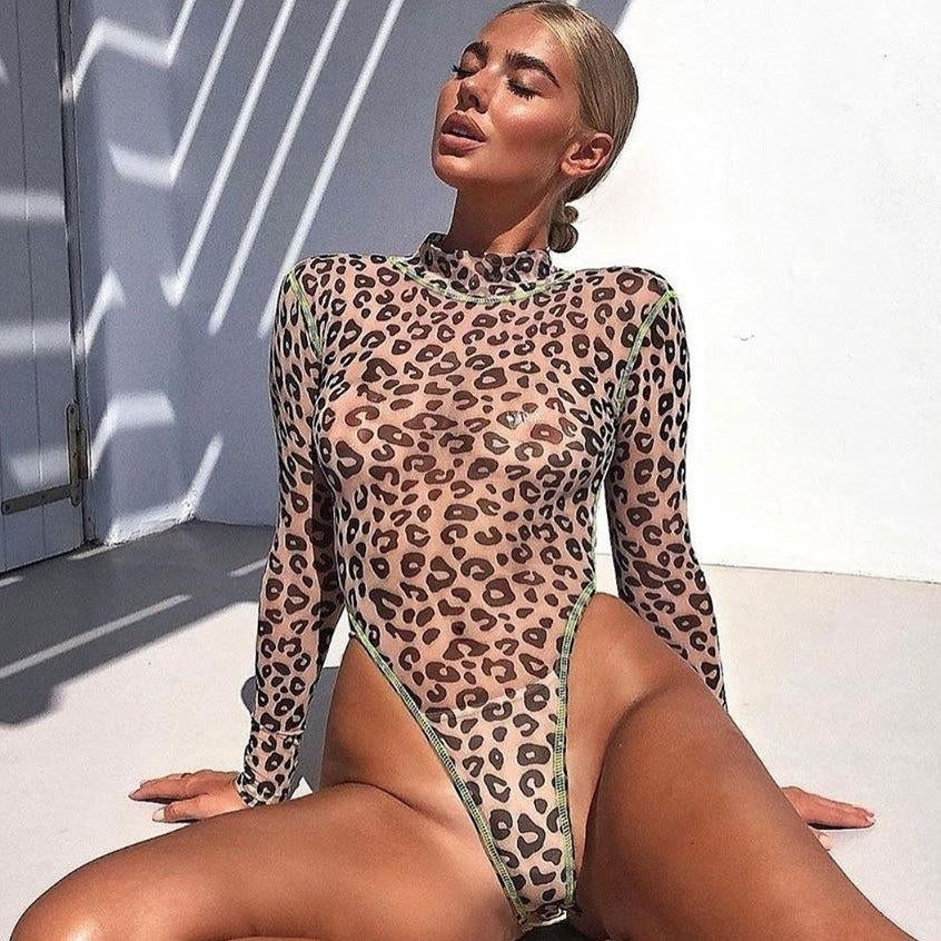 sexy leopard print long-sleeved fluorescent contrast color jumpsuit Image 4