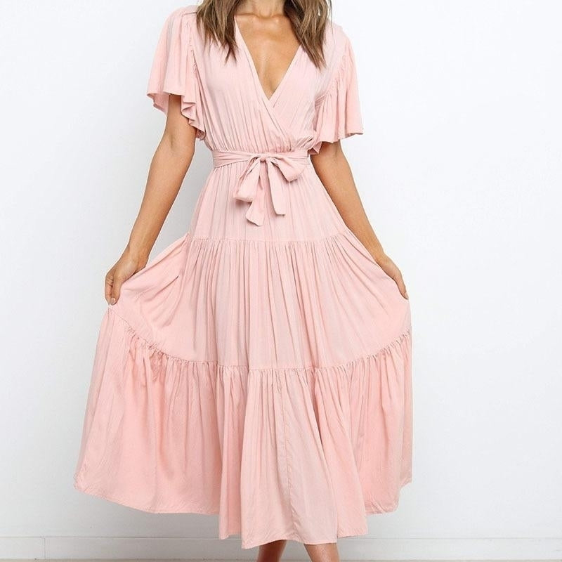 Sexy V-Neck Short Sleeve Solid Maxi Dress Image 1