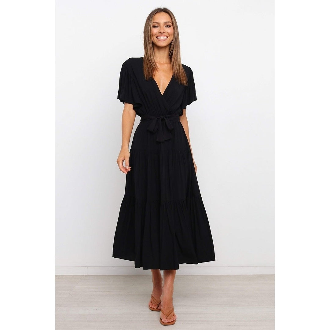 Sexy V-Neck Short Sleeve Solid Maxi Dress Image 3