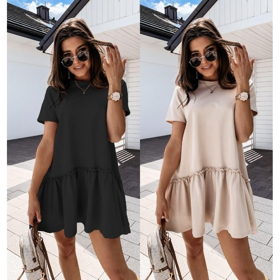 solid color short-sleeved loose round neck ruffle dress Image 2