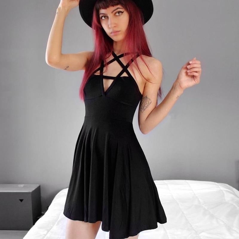 Strap Gothic Dress Women Slim Sexy A-Line Dark Sleeveless Summer Dresses Image 3