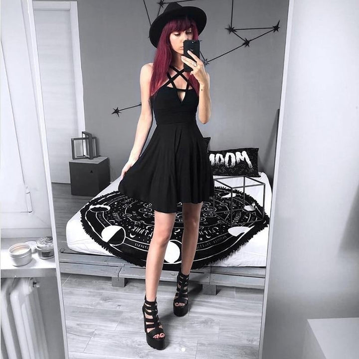 Strap Gothic Dress Women Slim Sexy A-Line Dark Sleeveless Summer Dresses Image 4