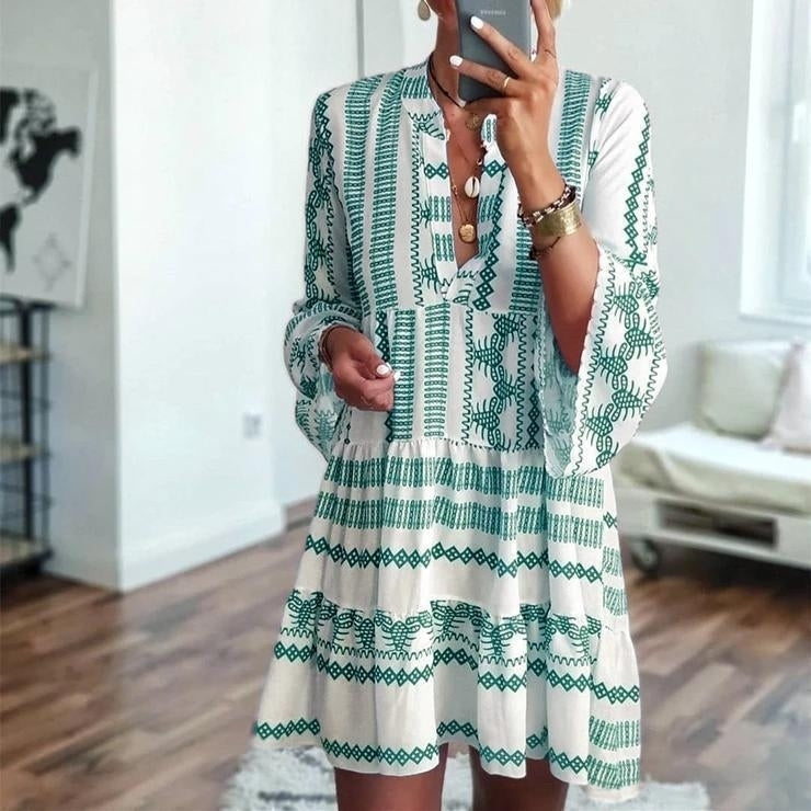 Striped Print Bohemian Long Sleeve Dress Image 1