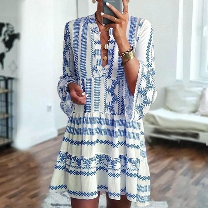 Striped Print Bohemian Long Sleeve Dress Image 4