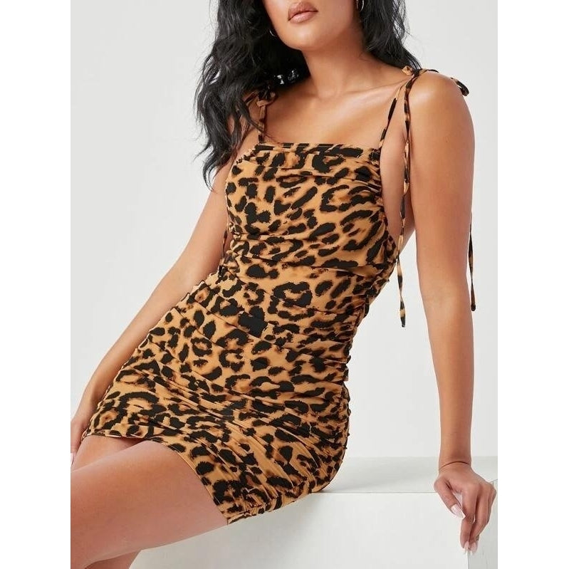 Tie Shoulder Open Back Ruched Leopard Dress Image 4