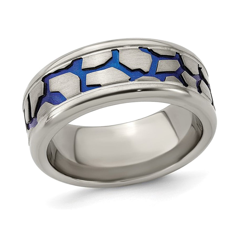 Mens Titanuim Blue Adonized Double Grove 9m Band Ring Image 1