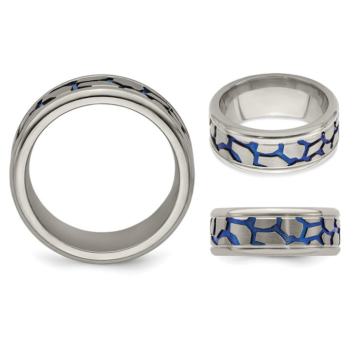 Mens Titanuim Blue Adonized Double Grove 9m Band Ring Image 2