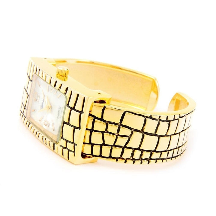 Gold Croc Style Band Rectangle Bangle Cuff Watch for Women Image 2