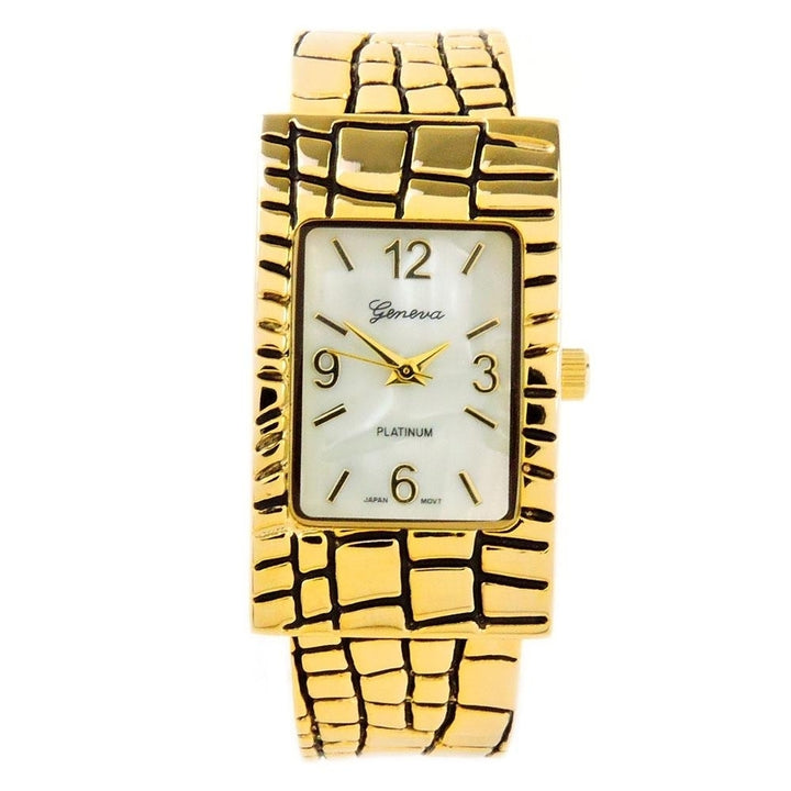 Gold Croc Style Band Rectangle Bangle Cuff Watch for Women Image 3