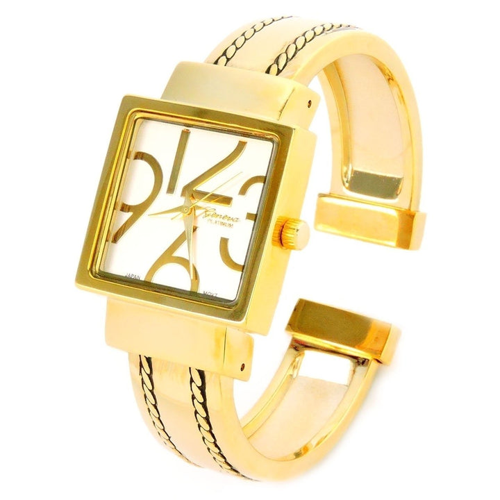 Gold Square Dial with Oversized Hours Stitch Style Bangle Cuff Watch for Women Image 1