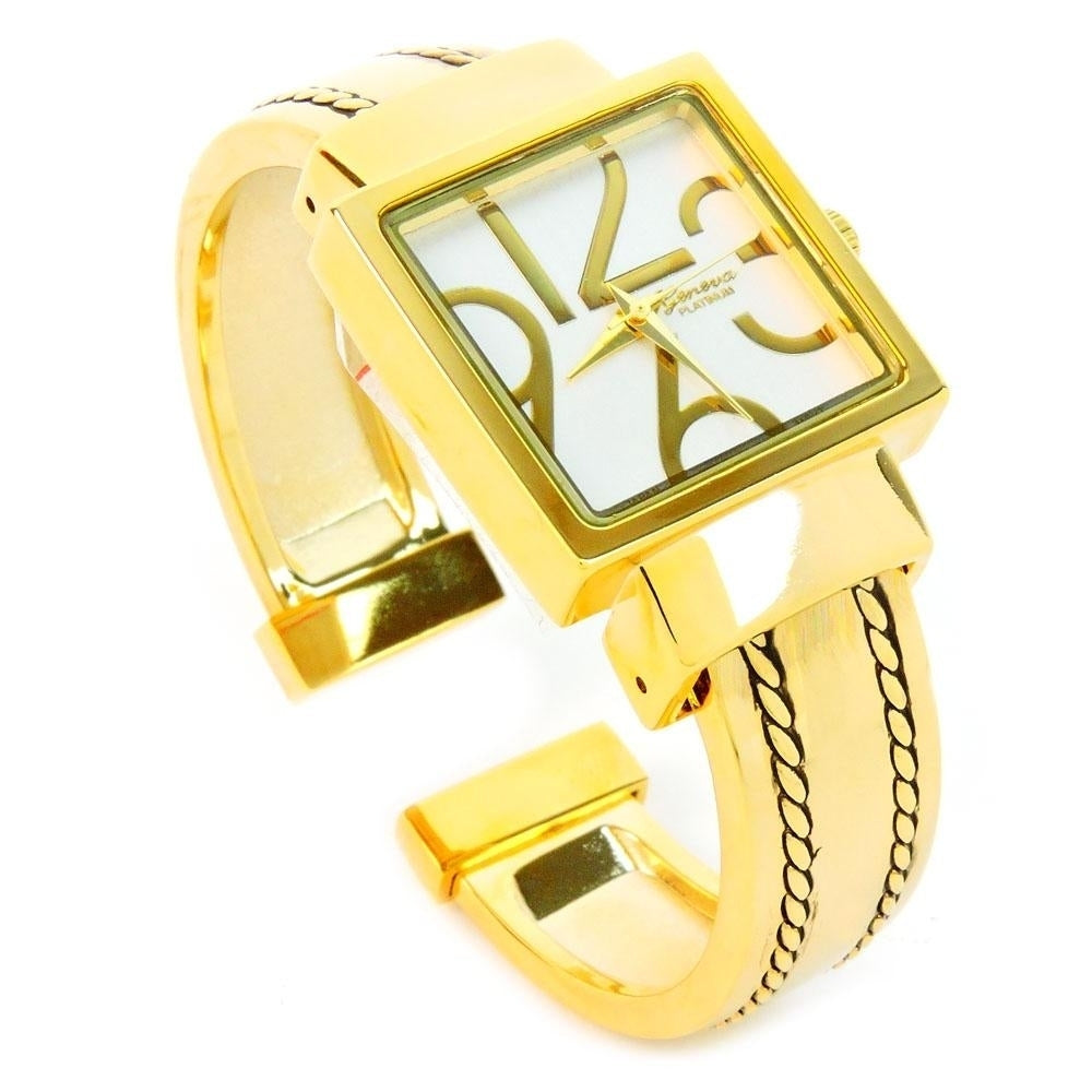 Gold Square Dial with Oversized Hours Stitch Style Bangle Cuff Watch for Women Image 4