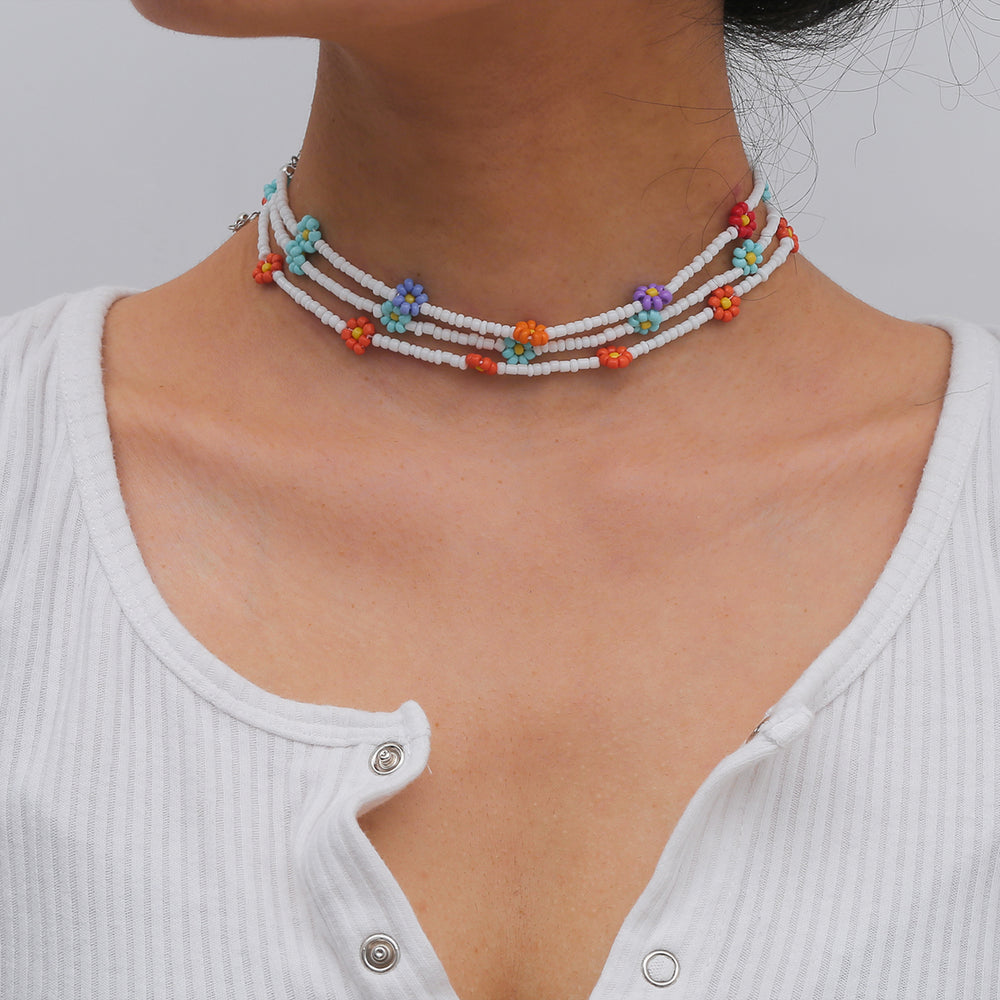 Minimalist Colorful Floral Daisy Seed Beaded Choker Necklace Image 2