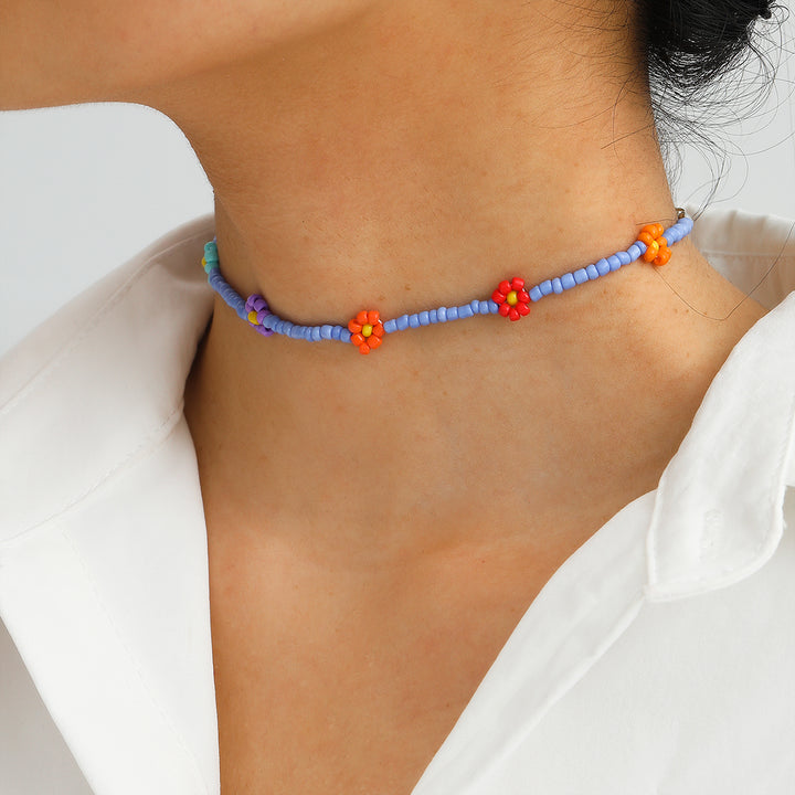 Minimalist Colorful Seed Beaded Floral Choker Necklace Image 2