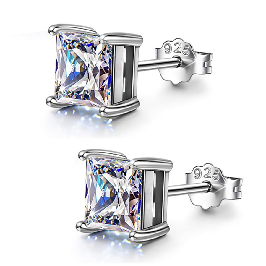 6.2carat / Pair .925 Sterling Silver 4-prong Square Cubic Zirconia Diamond Stud Earring Image 1