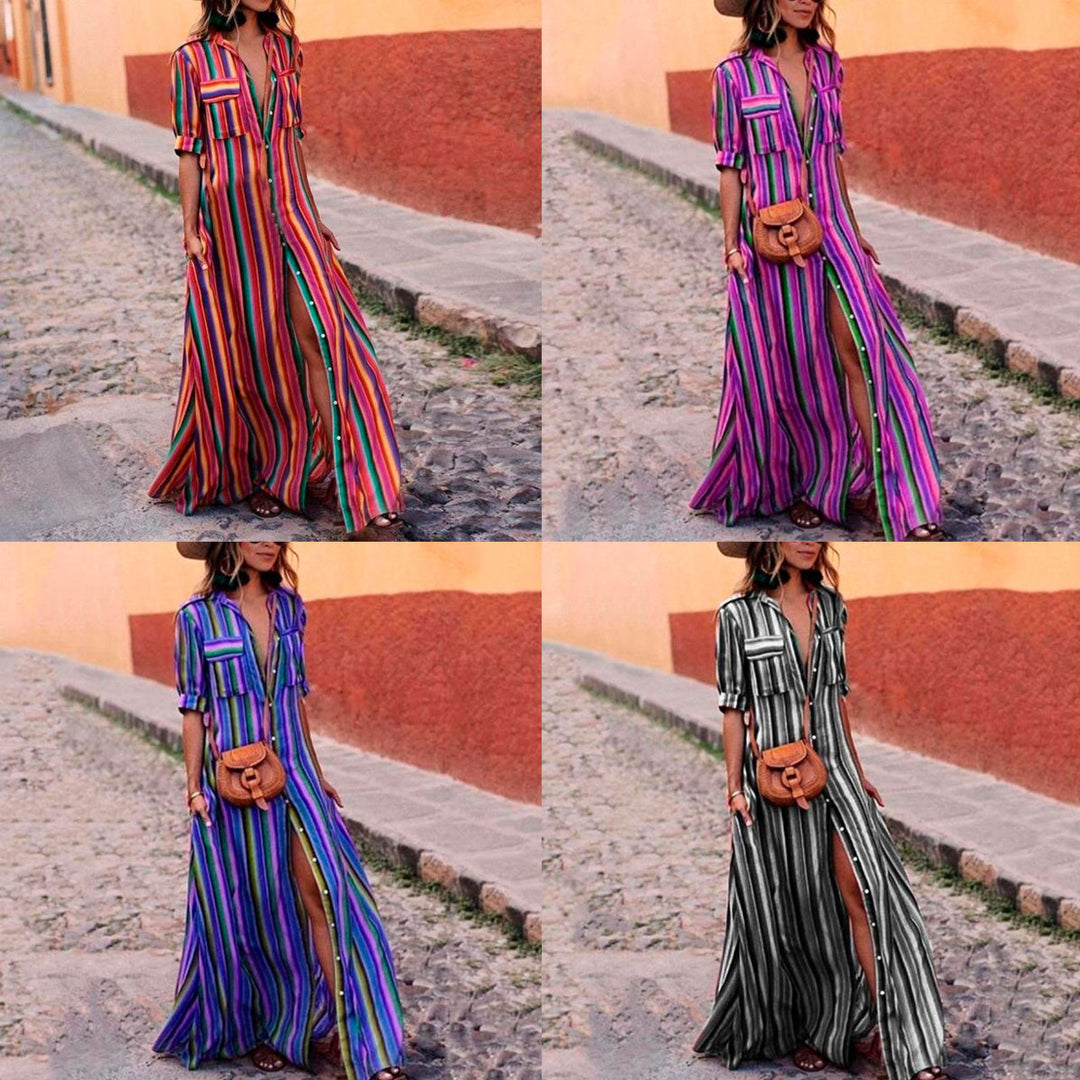 Striped Maxi Boho Shirt Dress Multiple Colors S-3X Image 1