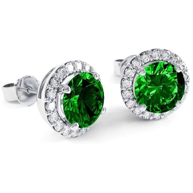 Green Emerald Halo Stud With Detailed Sides In White Gold Plating Earrings Image 2