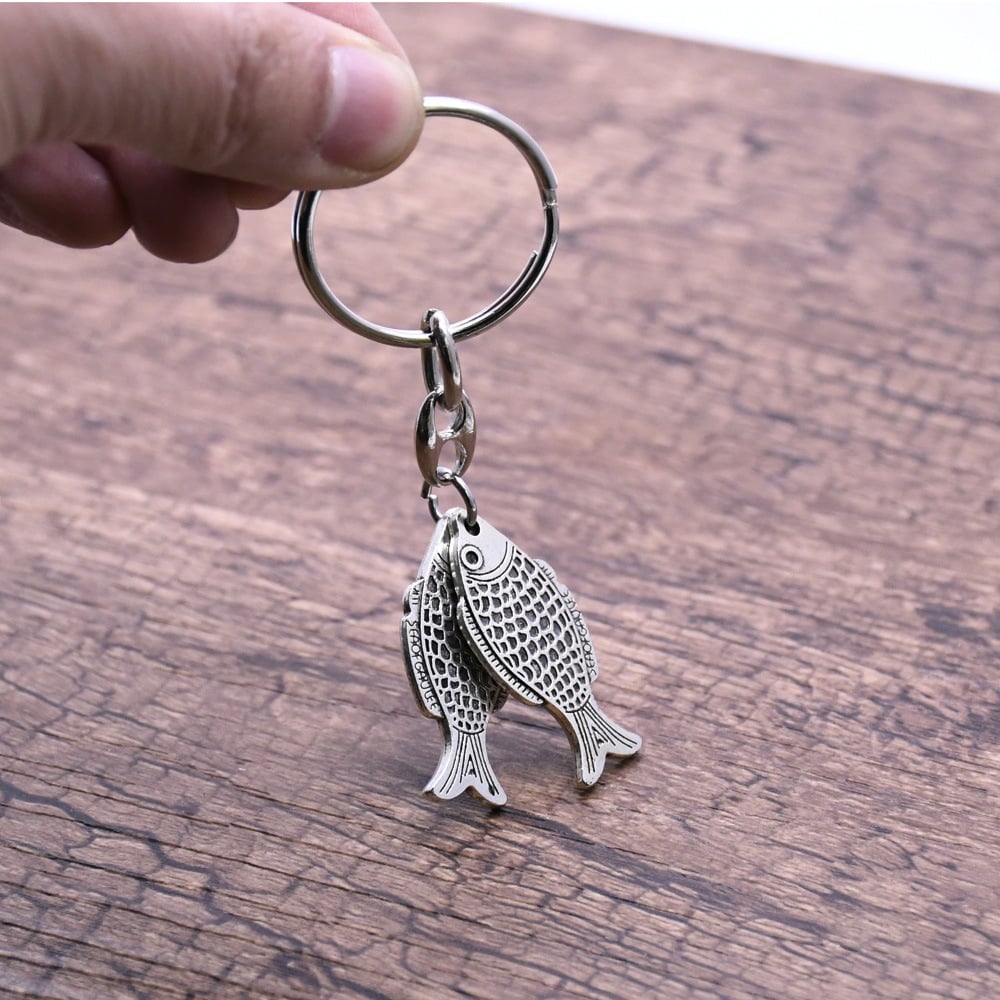 Lucky Fisherman Keychain Silver 3D Design Fish Keyring Image 4