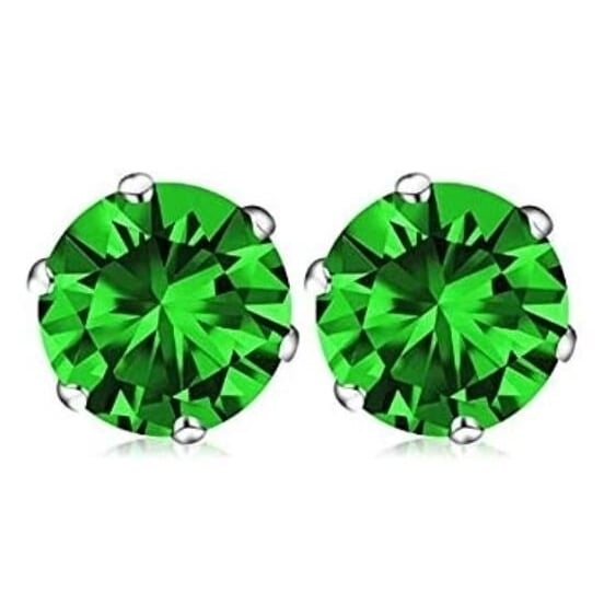 Unisex/Womens Prong Set Cubic Zirconia Stud Gold Filled High Polish Finsh  Stainless Steel Earrings (8mm) - White/Greens Image 1