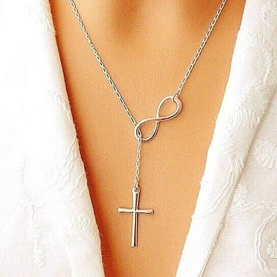 SILVER Filled High Polish Finsh INFINITY CROSS LARIAT NECKLACE Image 1