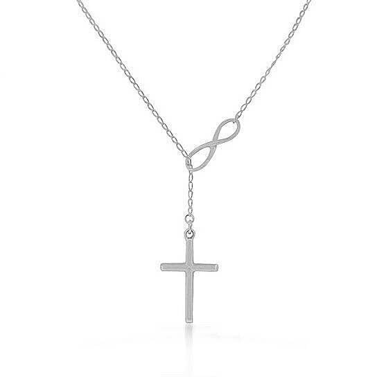 SILVER Filled High Polish Finsh INFINITY CROSS LARIAT NECKLACE Image 2
