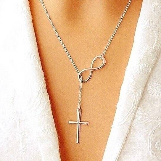 Silver Filled High Polish Finsh Infinity Cross Lariat Necklace unisex Image 2