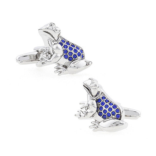 Blue Crystal Frog Cufflinks Silver 3D Design Jumping Toad Cuff Links Image 1