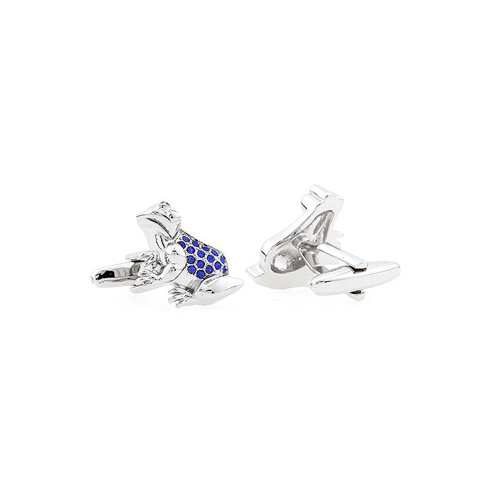 Blue Crystal Frog Cufflinks Silver 3D Design Jumping Toad Cuff Links Image 2