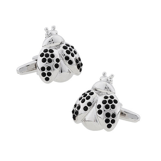 Black Crystals Ladybug Cufflinks Silver Tone 3D Design Highly Detail Cuff Links Image 1