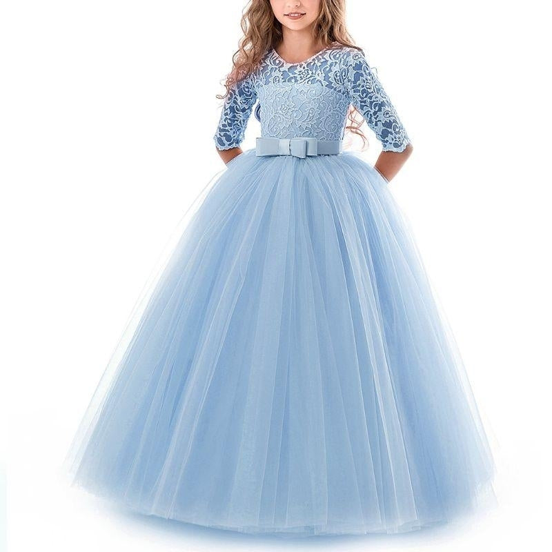 Girls Lace Formal Dress Bowknot 3/4 Sleeve Maxi Dress Wedding Performance Tutu Party Dresses Image 1