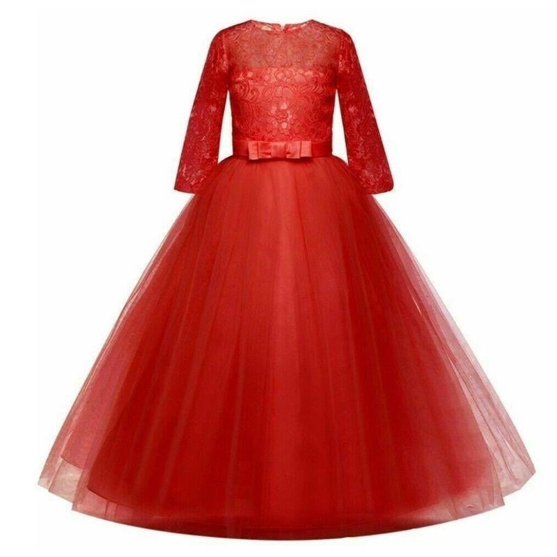 Girls Lace Formal Dress Bowknot 3/4 Sleeve Maxi Dress Wedding Performance Tutu Party Dresses Image 2