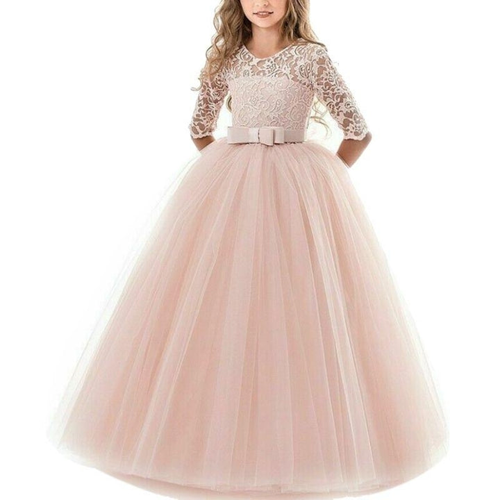 Girls Lace Formal Dress Bowknot 3/4 Sleeve Maxi Dress Wedding Performance Tutu Party Dresses Image 3