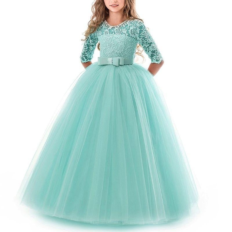 Girls Lace Formal Dress Bowknot 3/4 Sleeve Maxi Dress Wedding Performance Tutu Party Dresses Image 1