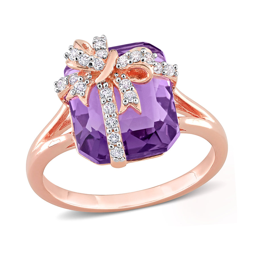 6.50 Carat (ctw) Amethyst and White Topaz Bow Ring in Rose Plated Sterling Silver Image 1