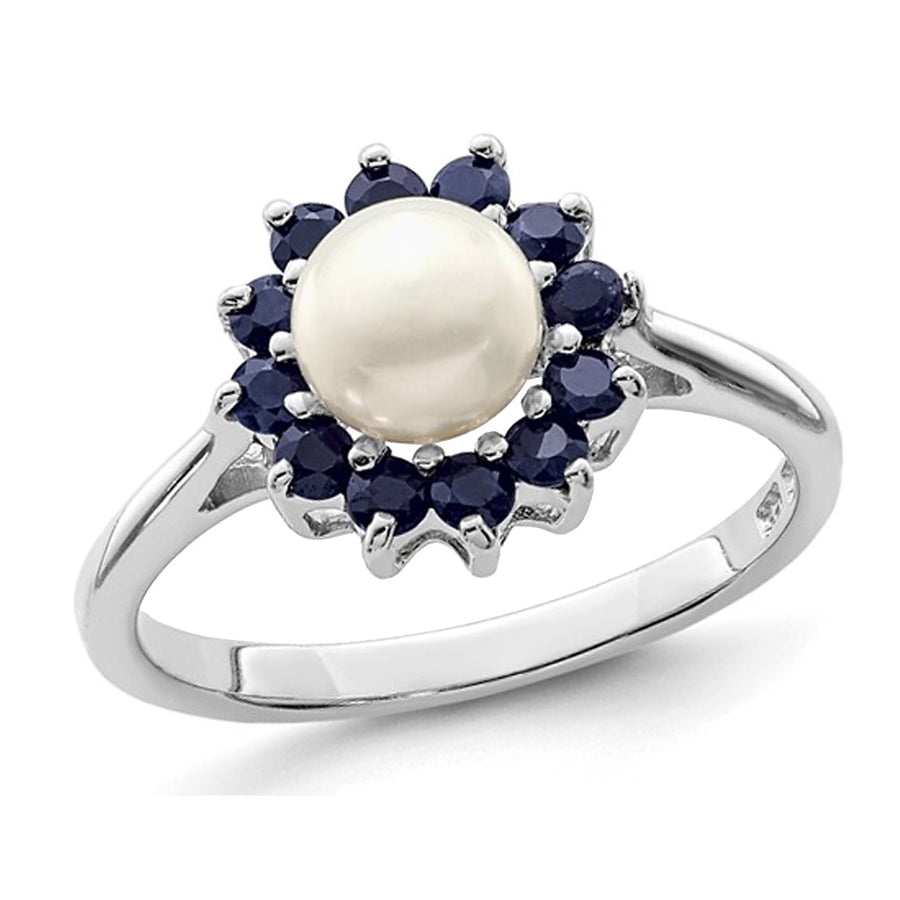 Freshwater Cultured Pearl Ring with Blue Sapphires in Sterling Silver Image 1