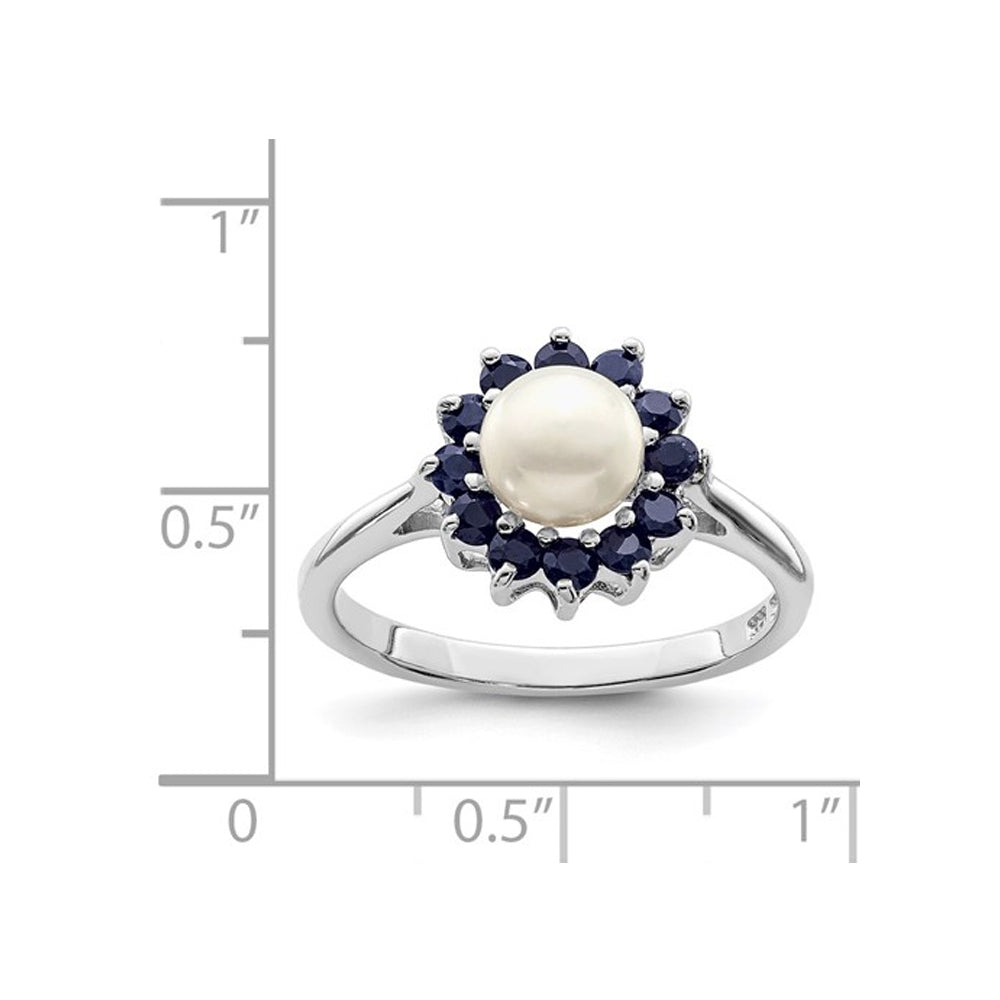 Freshwater Cultured Pearl Ring with Blue Sapphires in Sterling Silver Image 4