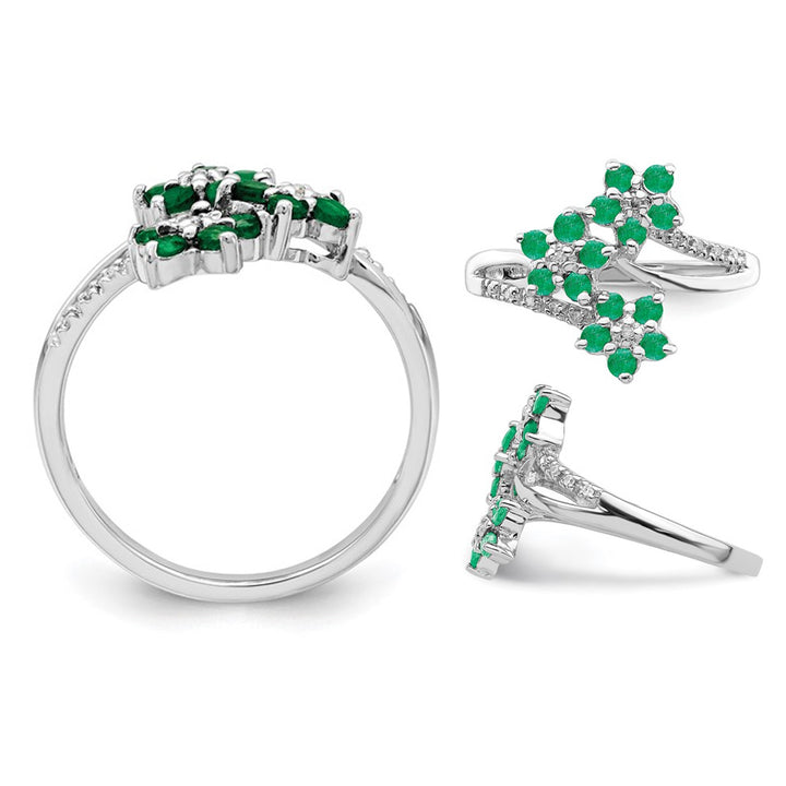 3/5 Carat (ctw) Emerald Flower Ring in Sterling Silver with Accent Diamonds Image 3