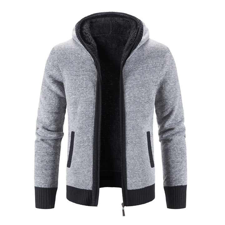 Men Casual Plain Cardigan Simple Hooded Jacket Velvet Warm Winter Sweater Image 1